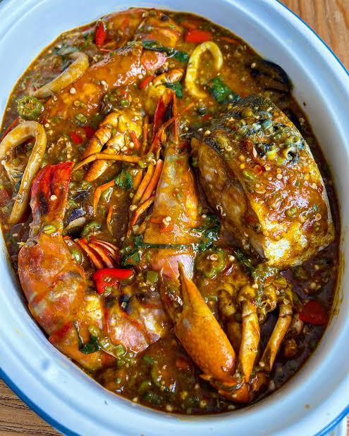 Seafood okro soup with prawns, crab and fish