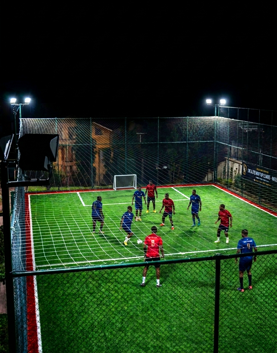 Night football, floodlights on.